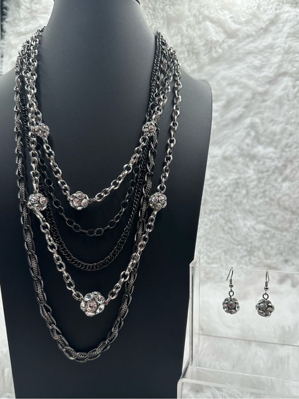 VCLM Multi-Strand Gunmetal Silver-Tone Crystal Necklace with Matching Earrings